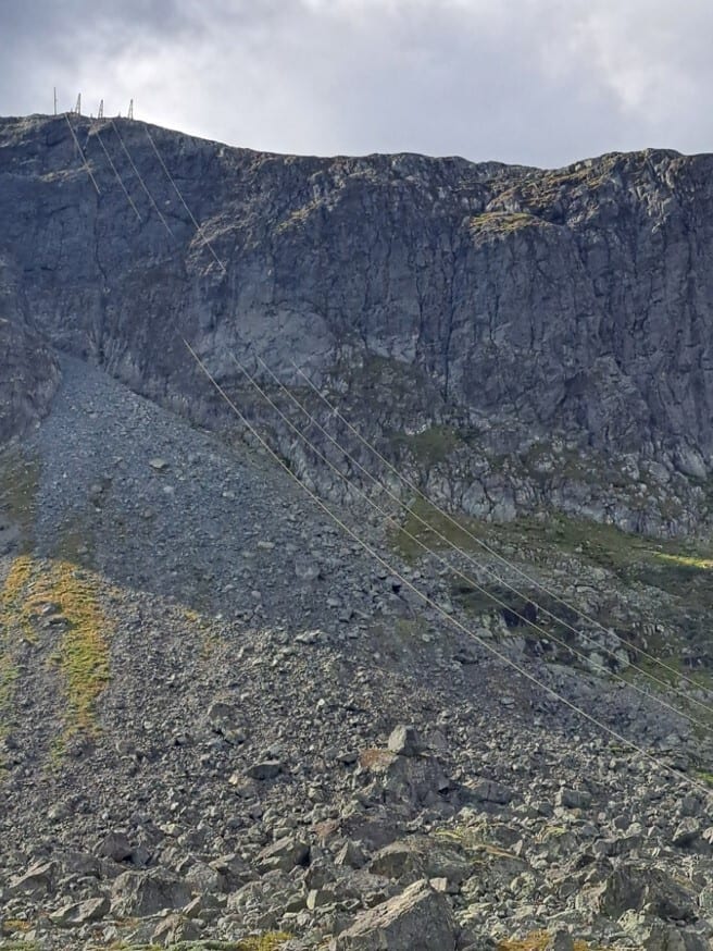 Kraftlinjer som går nedover en bratt fjellside med master på toppen, omgitt av stein og ur under delvis overskyet himmel.